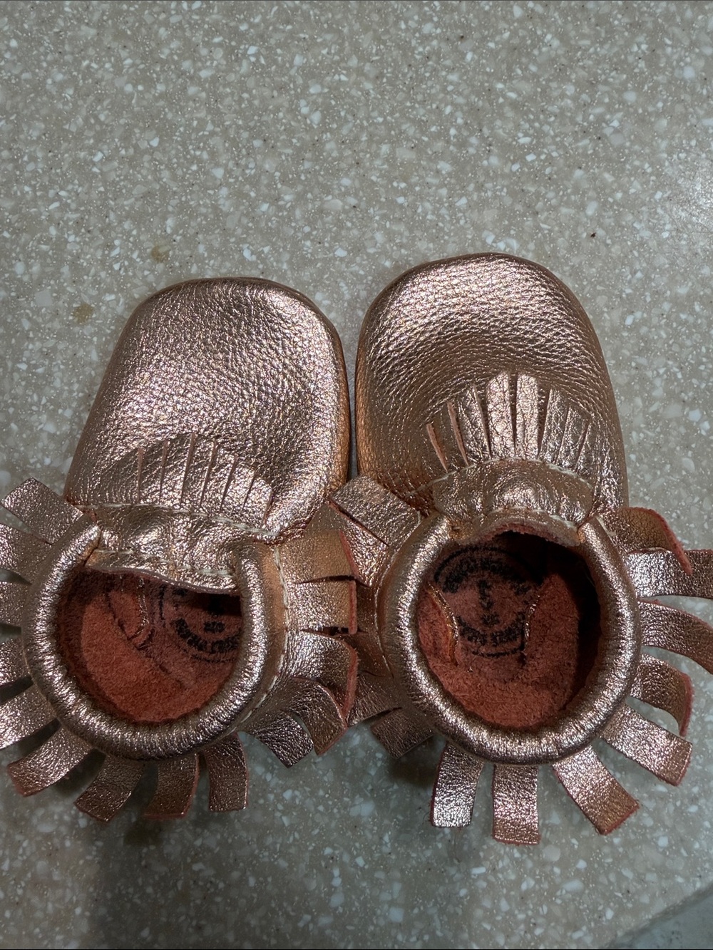 Kids Metallic Rose Gold Fringe Moccasin Shoes